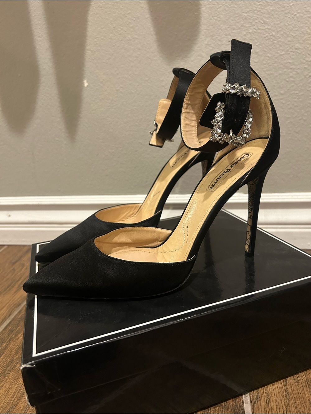 Cesare Paciotti Black Silk Satin Ankle Strap Pumps with Crystal Buckle 41 / 11.